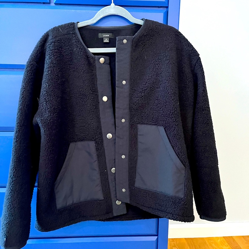 J Crew collarless fleece jacket, M, Very good used condition